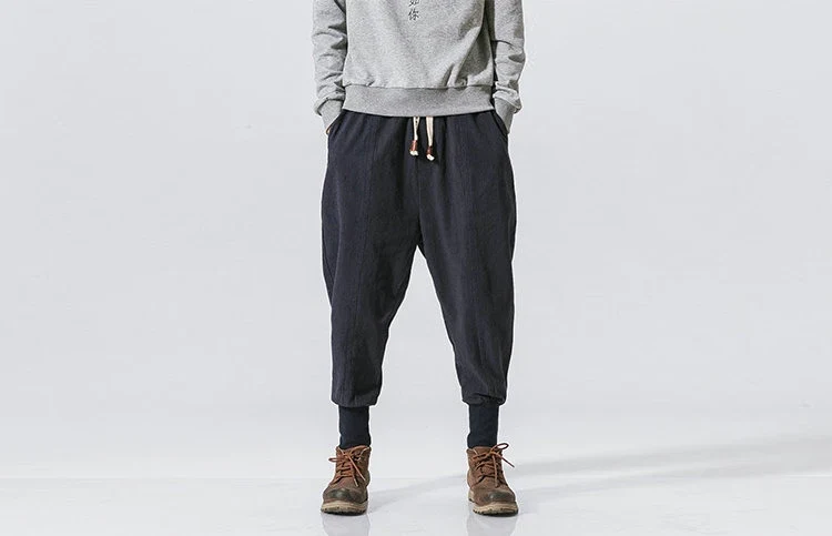 Cotton Linen Harem Pants Men Solid Elastic Waist Streetwear Joggers New Baggy Drop-crotch Pants Casual Trousers Men