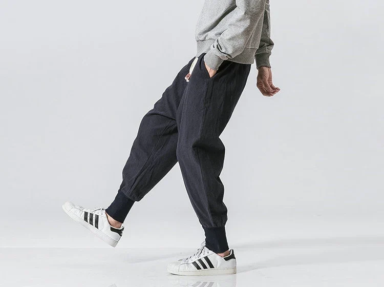 Cotton Linen Harem Pants Men Solid Elastic Waist Streetwear Joggers New Baggy Drop-crotch Pants Casual Trousers Men