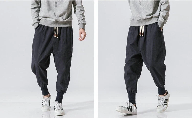 Cotton Linen Harem Pants Men Solid Elastic Waist Streetwear Joggers New Baggy Drop-crotch Pants Casual Trousers Men