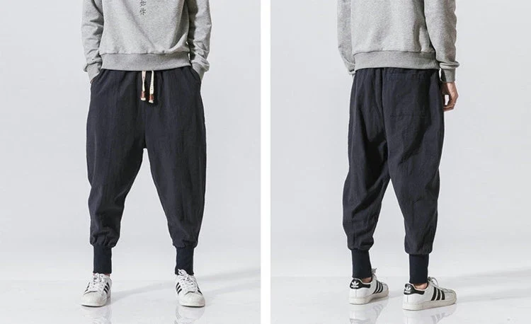 Cotton Linen Harem Pants Men Solid Elastic Waist Streetwear Joggers New Baggy Drop-crotch Pants Casual Trousers Men