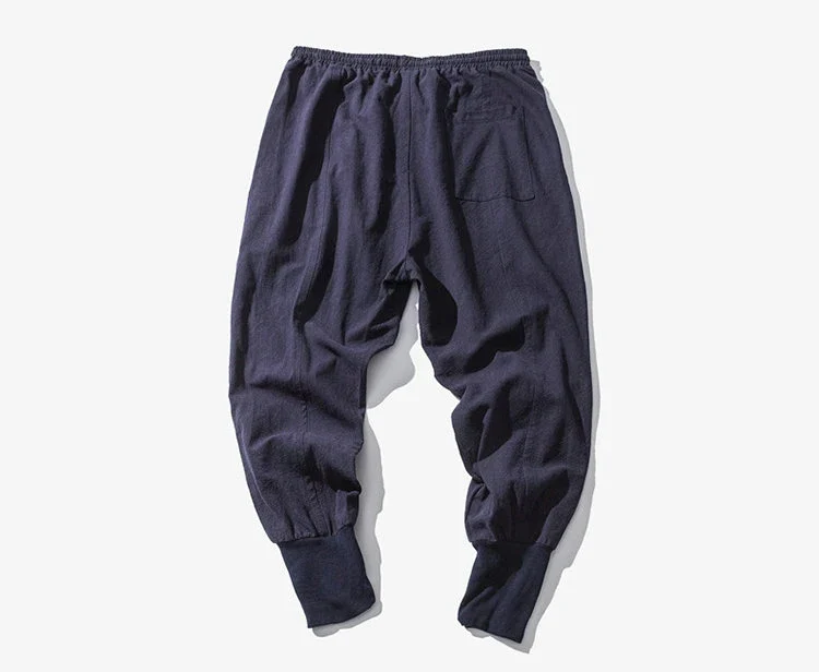 Cotton Linen Harem Pants Men Solid Elastic Waist Streetwear Joggers New Baggy Drop-crotch Pants Casual Trousers Men