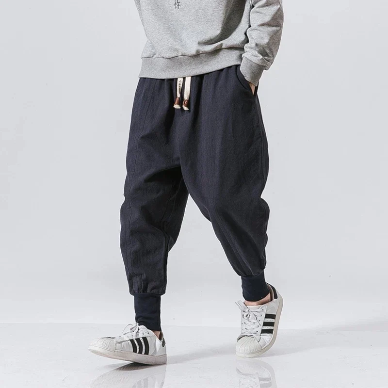 Cotton Linen Harem Pants Men Solid Elastic Waist Streetwear Joggers New Baggy Drop-crotch Pants Casual Trousers Men