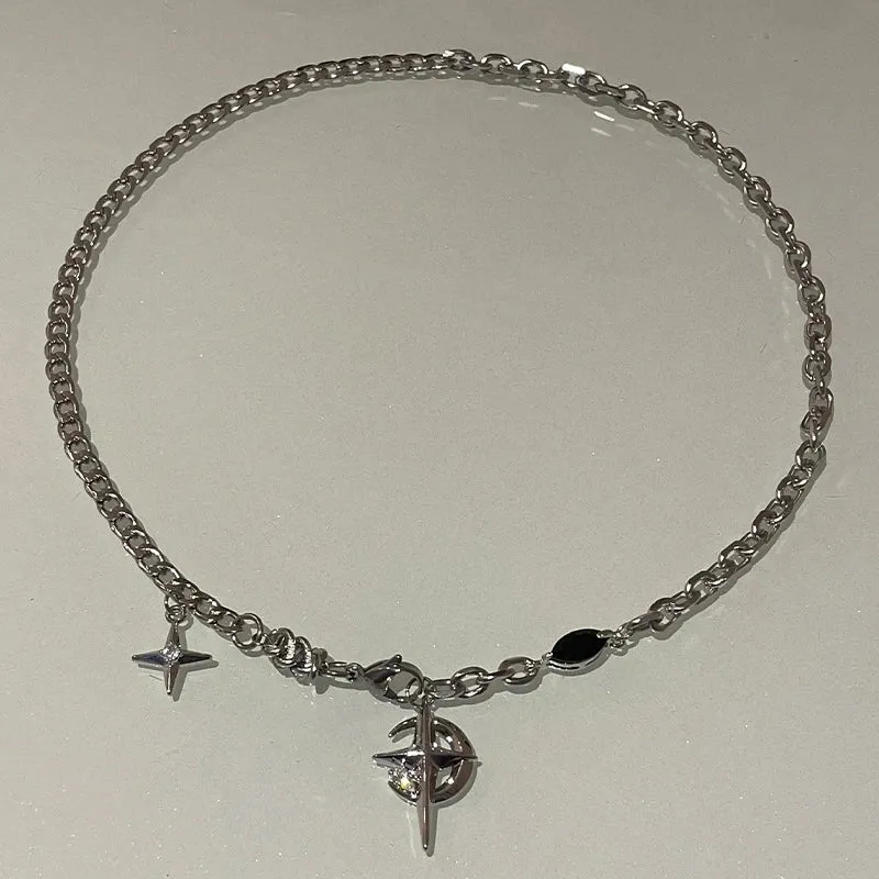 New Y2K Cuban Figaro Chain Star Moon Pendant Necklace Men Punk Black Zircon Chain Choker Necklace For Men Jewelry Gifts