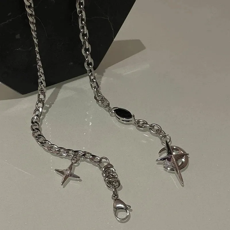 New Y2K Cuban Figaro Chain Star Moon Pendant Necklace Men Punk Black Zircon Chain Choker Necklace For Men Jewelry Gifts