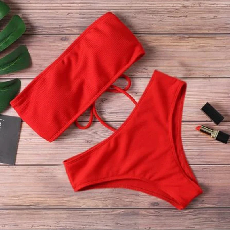 2024 New Bikini High Waist Strapless Sexy Bikini Women Swimwear Women Fashion Swimsuit Padded Bathing Suit Monokin Pure Color