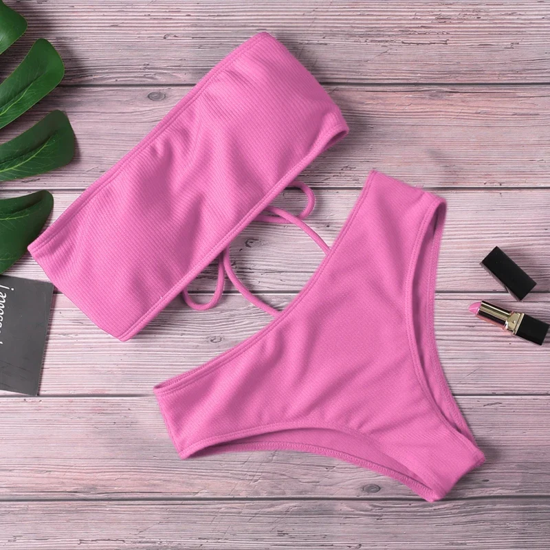 2024 New Bikini High Waist Strapless Sexy Bikini Women Swimwear Women Fashion Swimsuit Padded Bathing Suit Monokin Pure Color