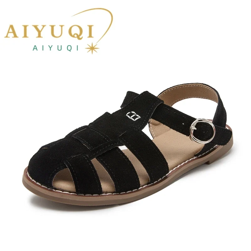 AIYUQI Flat-soled Retro Genuine Leather Hollow Baotou Sandals Women's 2026 New Hollow Pig Cage Women's Sandals