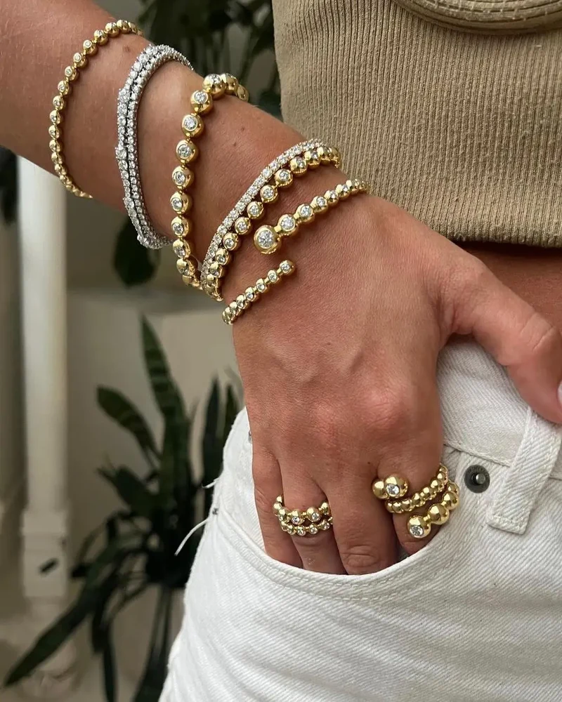 New Arried Geometric Fashion Women Jewelry Set Gold Color Round Ball Bezel Set CZ Bracelet Bangle Rings