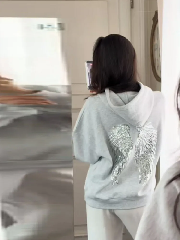 Chic Navy Blue Sequin Angle Pattern Hoodie Sweatsuit Long Sleeve Loose High Street Pullover 2025 New Lady Autumn Winter Coats