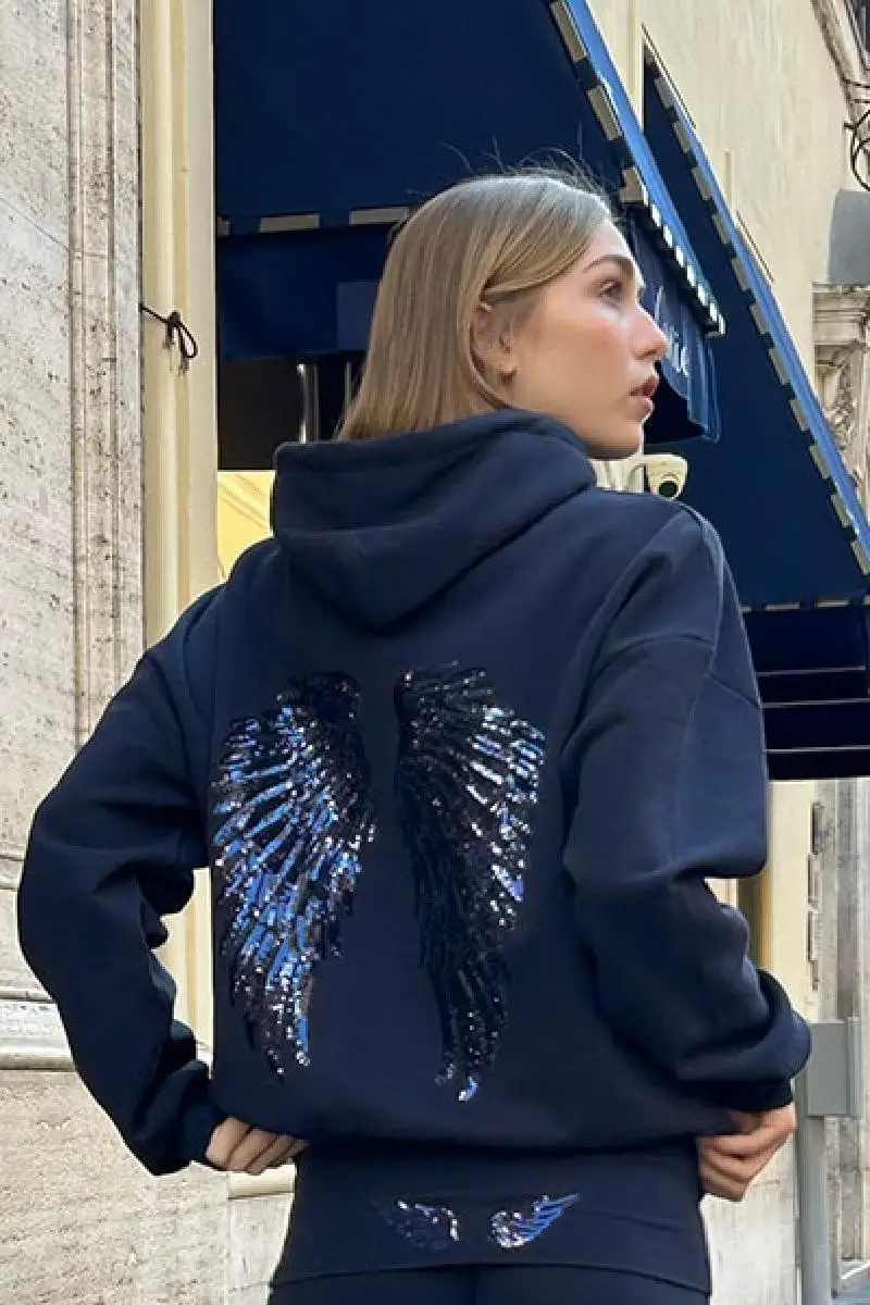 Chic Navy Blue Sequin Angle Pattern Hoodie Sweatsuit Long Sleeve Loose High Street Pullover 2025 New Lady Autumn Winter Coats