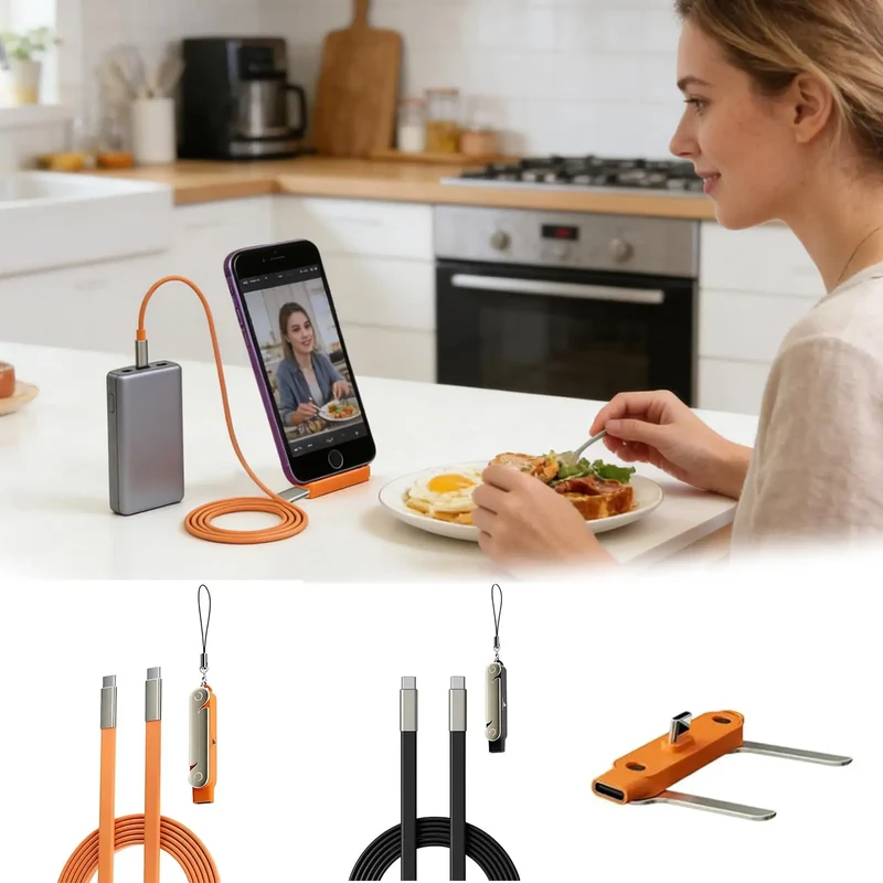240W Fast Charging USB-C to Type-C Cable with Detachable Phone Stand Nylon & Silicone Material IOS Compatible