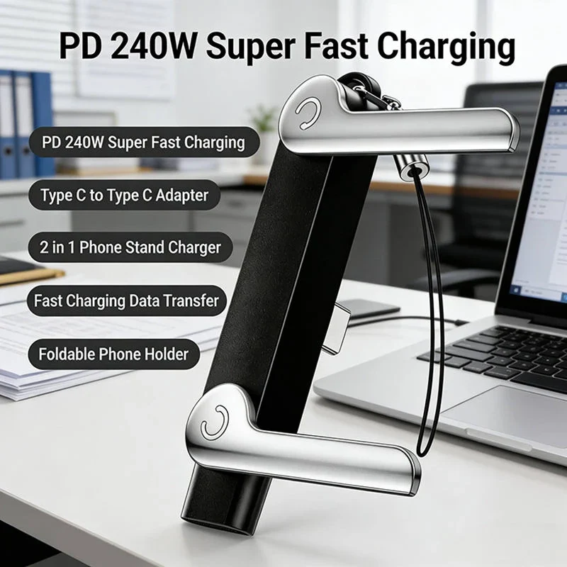 240W 2-in-1 Black/Orange Fast Charging Foldable Nylon Bracket Type-C to Type-C Data Cable with Phone/Tablet Stand for IOS