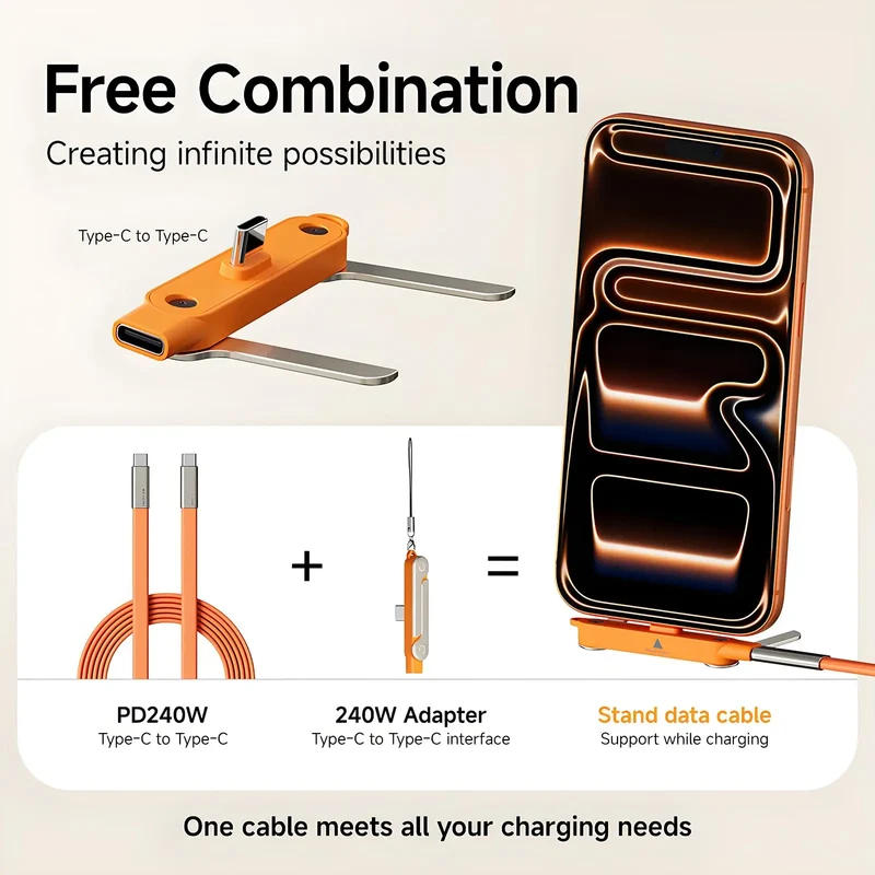 240W 2-in-1 Black/Orange Fast Charging Foldable Nylon Bracket Type-C to Type-C Data Cable with Phone/Tablet Stand for IOS