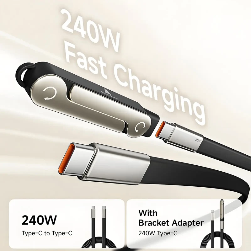 240W 2-in-1 Black/Orange Fast Charging Foldable Nylon Bracket Type-C to Type-C Data Cable with Phone/Tablet Stand for IOS