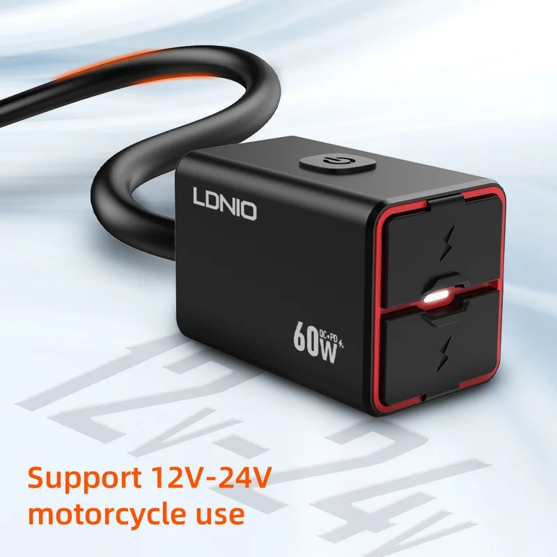 LDNIO Motorcycle USB C Fast Charger PD+QC3.0 60W Waterproof Socket Type C Cell Phone 12V/24V Vehicle-Mounted Charger Adapter