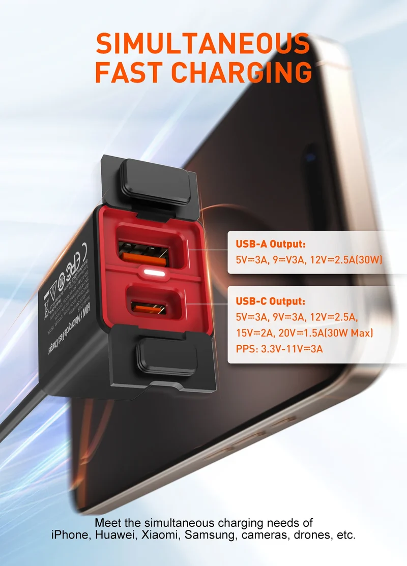 LDNIO Motorcycle USB C Fast Charger PD+QC3.0 60W Waterproof Socket Type C Cell Phone 12V/24V Vehicle-Mounted Charger Adapter
