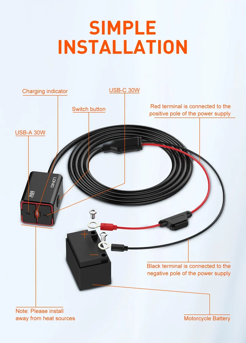 LDNIO Motorcycle USB C Fast Charger PD+QC3.0 60W Waterproof Socket Type C Cell Phone 12V/24V Vehicle-Mounted Charger Adapter