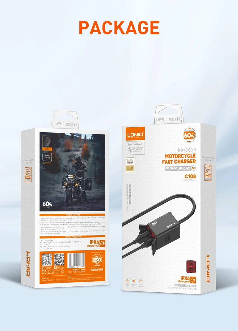 LDNIO Motorcycle USB C Fast Charger PD+QC3.0 60W Waterproof Socket Type C Cell Phone 12V/24V Vehicle-Mounted Charger Adapter