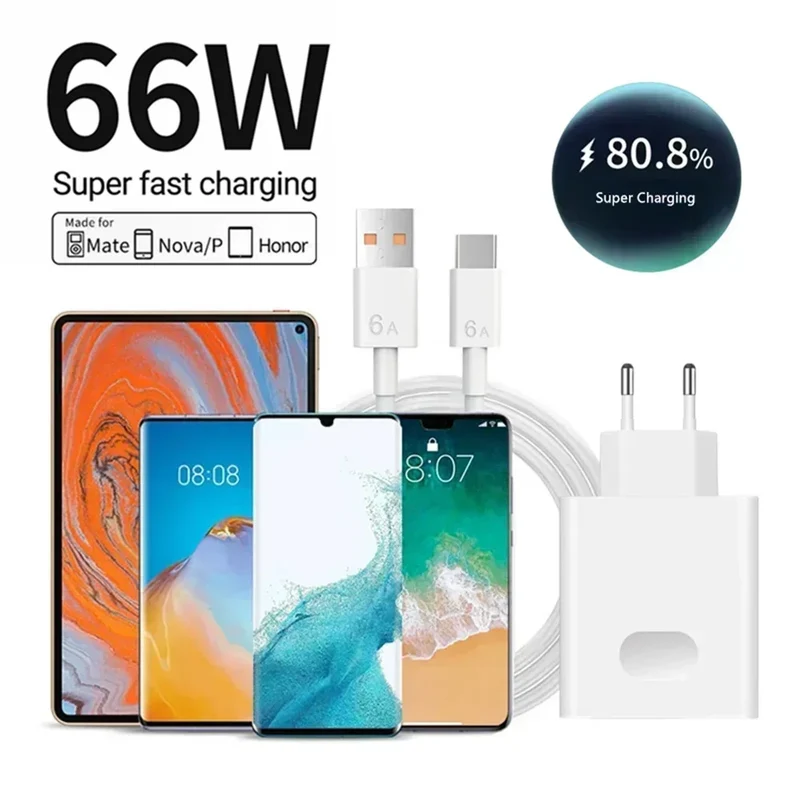 6A 66W Super Fast EU US Wall Charger Adapter 6A Type-C Cable For Huawei Mate 40 50 60 P50 Nova8 9 10 Honor 90 100 X7 X8 X9 Magic