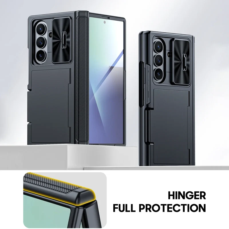 for Galaxy Z Fold 7 Case,RFID Wallet with Cards Holder,Hinge Cover,Camera Cover,Shockproof Silicone Protective Phone Case-Black