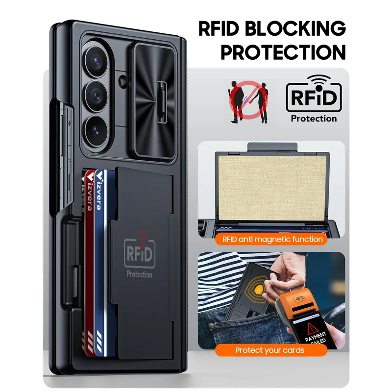 for Galaxy Z Fold 7 Case,RFID Wallet with Cards Holder,Hinge Cover,Camera Cover,Shockproof Silicone Protective Phone Case-Black
