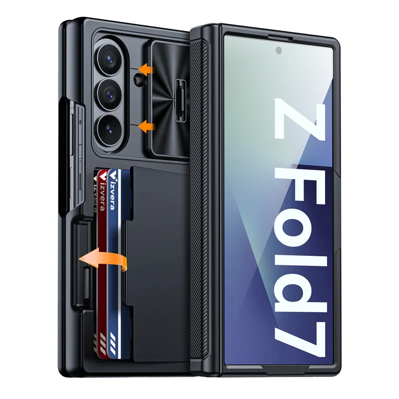 for Galaxy Z Fold 7 Case,RFID Wallet with Cards Holder,Hinge Cover,Camera Cover,Shockproof Silicone Protective Phone Case-Black