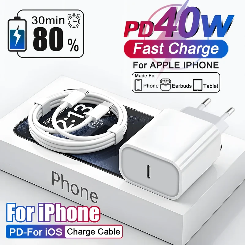 US EU Adapter PD 40W Fast Charger For Apple iPhone 15 13 12 11 14 17 16 Pro Max Type C Charger Charging Cable Phone Accessories