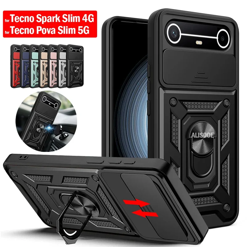 Slide Camera Cover for Tecno Spark Slim 4G Pova Slim 5G Case Ring Kickstand Holder Full Protective Shockproof Phone Capa Funda