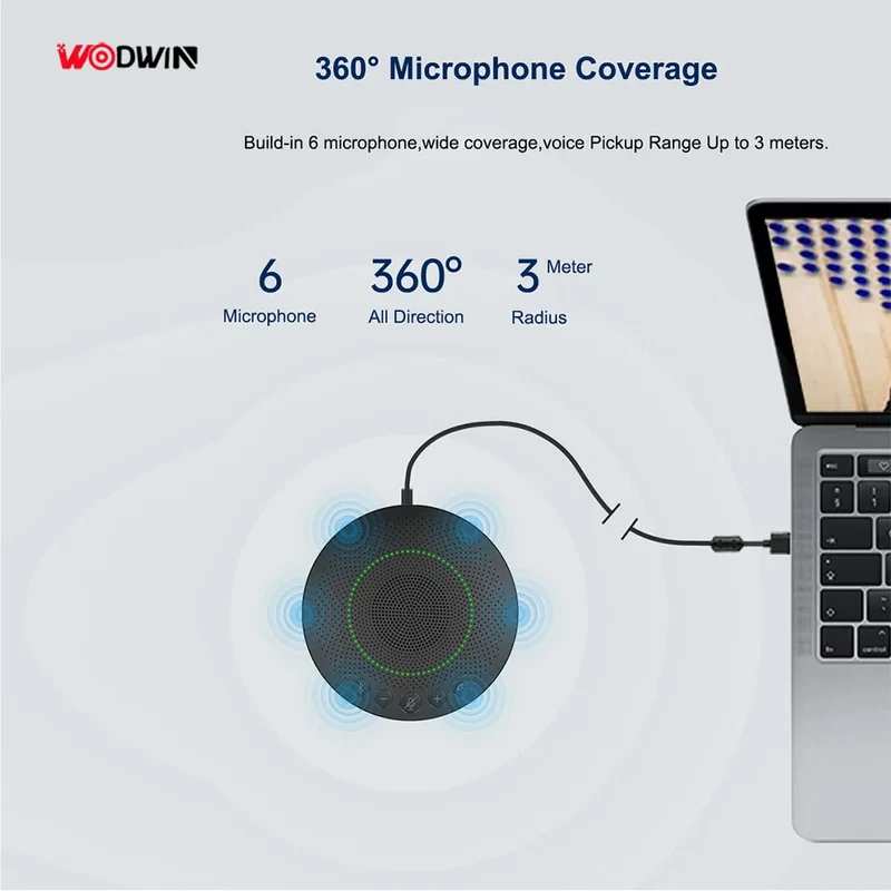 Portable Wireless USB Conference Speakerphone with 360 Voice Pickup Microphone Video Conference System for Medium-sized Rooms