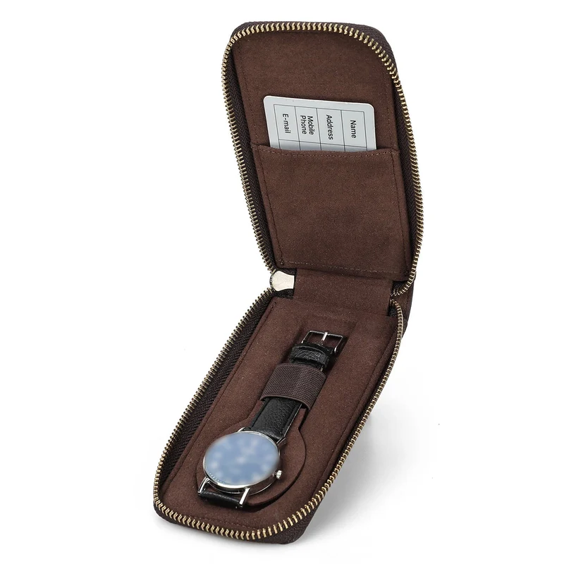 Single Watch Travel Leather Pouch Case Custom Portable Zipper Watch Storage Bag for Men Genuine Leather Watch Holder CF1121