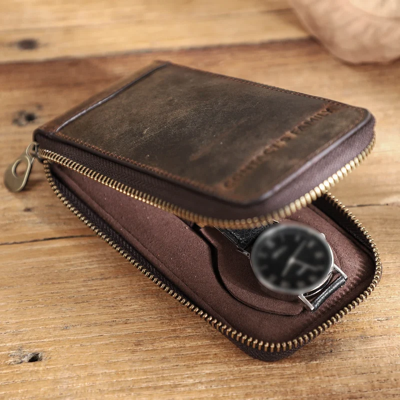 Single Watch Travel Leather Pouch Case Custom Portable Zipper Watch Storage Bag for Men Genuine Leather Watch Holder CF1121