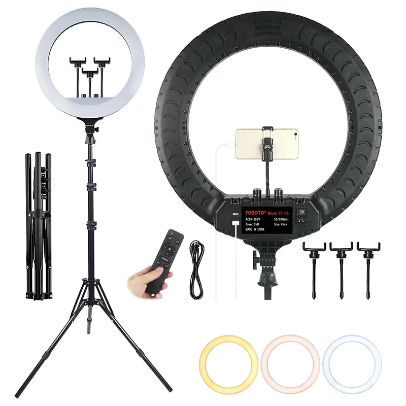 FOSOTO Photographic Ringlight with 3 Phone Holders Selfie Led Ring Fill Light with Tripod Stand Led Ring Light 18inch