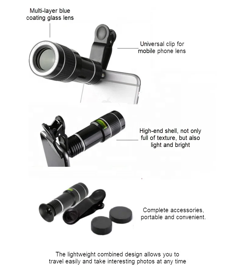 HD 20X Optical Zoom Lens Kit for Smartphones Universal Clip with Hood and Aluminum Tripod Mobile Phone Lenses