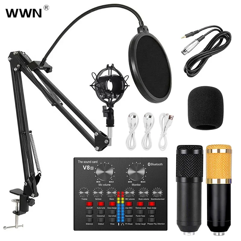 Professional Multifunction Condenser Microphone V8S Sound Card Audio Recording BM800 Cantilever Bracket Set
