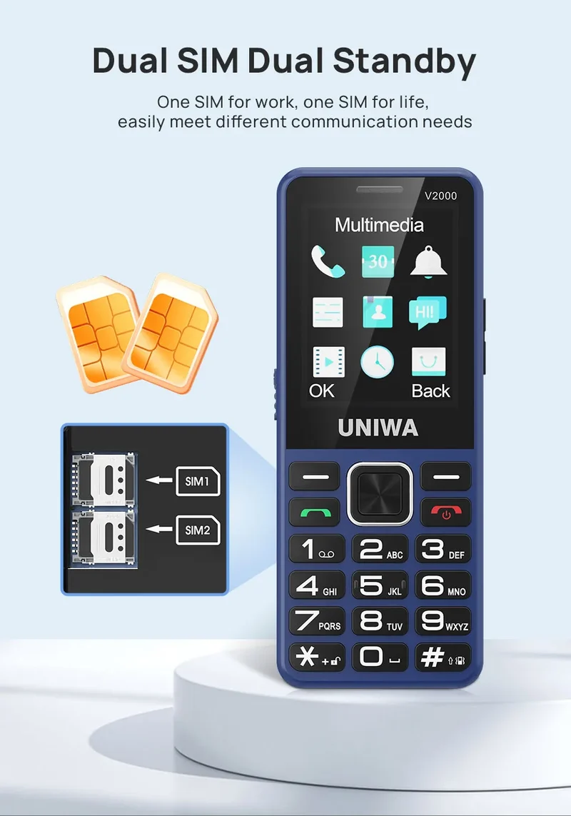 UNIWA V2000 Phone Big Push-Button Dual Screen 0.3MP Camera FM Radio Keyboard 1700mAh 4G Cellphone Support one click dialing