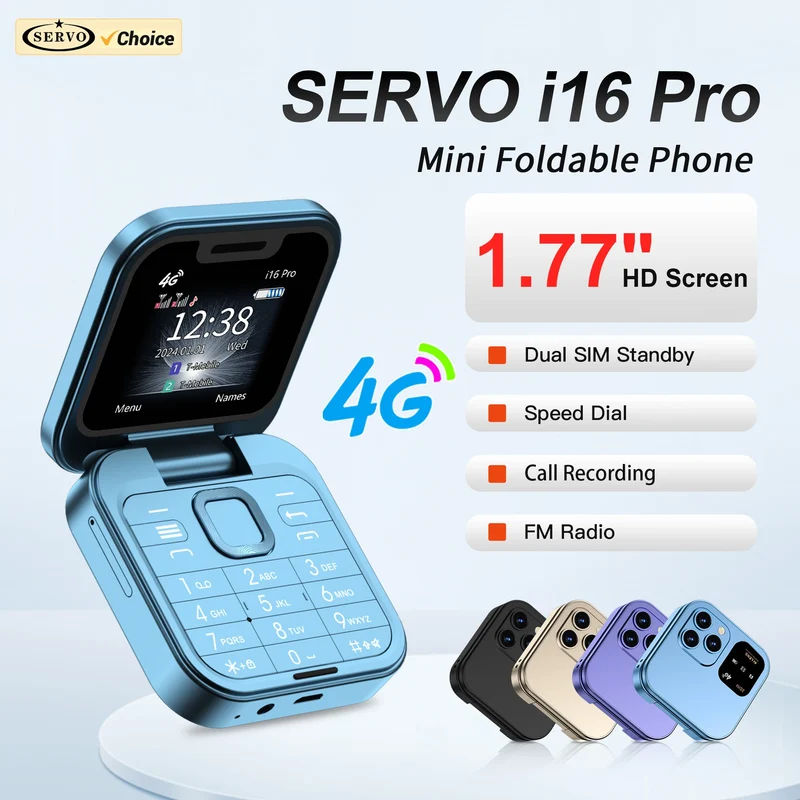 SERVO i16 PRO 4G LTE Mini Flip Mobile Phone Dual SIM Standby Call Recording Speed Dial FM Radio 1.77" Screen Foldable Cellphones