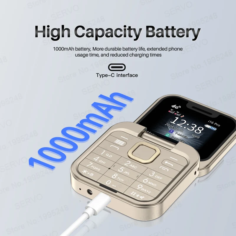 SERVO i16 PRO 4G LTE Mini Flip Mobile Phone Dual SIM Standby Call Recording Speed Dial FM Radio 1.77" Screen Foldable Cellphones