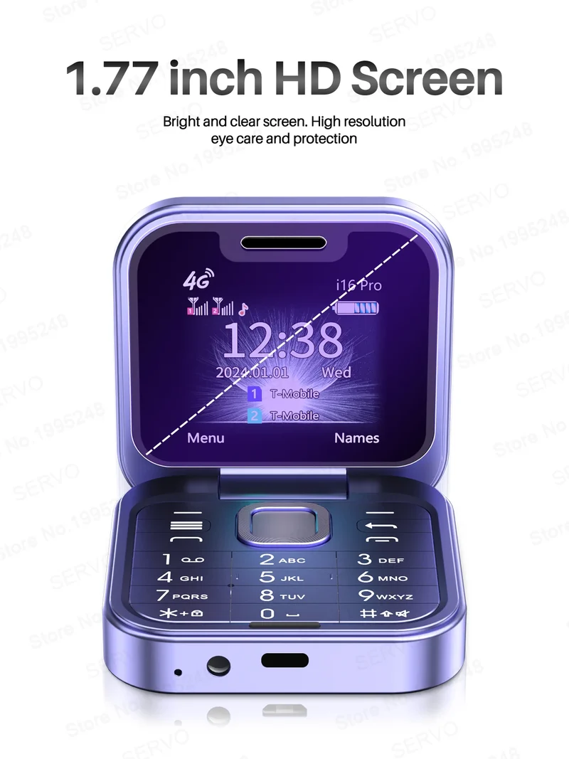 SERVO i16 PRO 4G LTE Mini Flip Mobile Phone Dual SIM Standby Call Recording Speed Dial FM Radio 1.77" Screen Foldable Cellphones