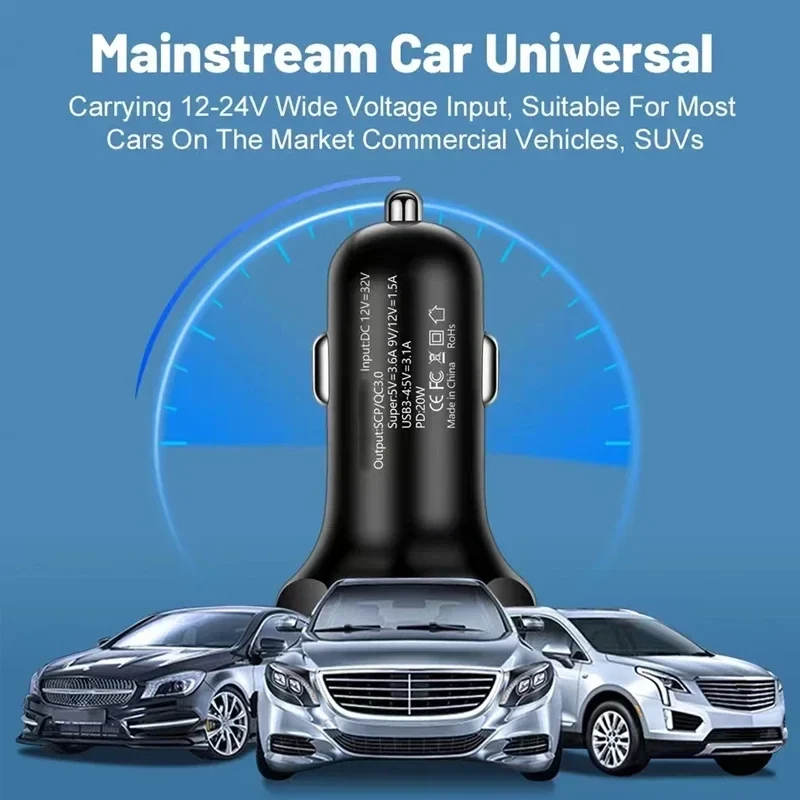 6 in 1 USB C Car Charger Adapter with Voltage Monitor Fast Charging in Car for iPhone Samsung Vivo OPPO Oneplus Mobile Phones