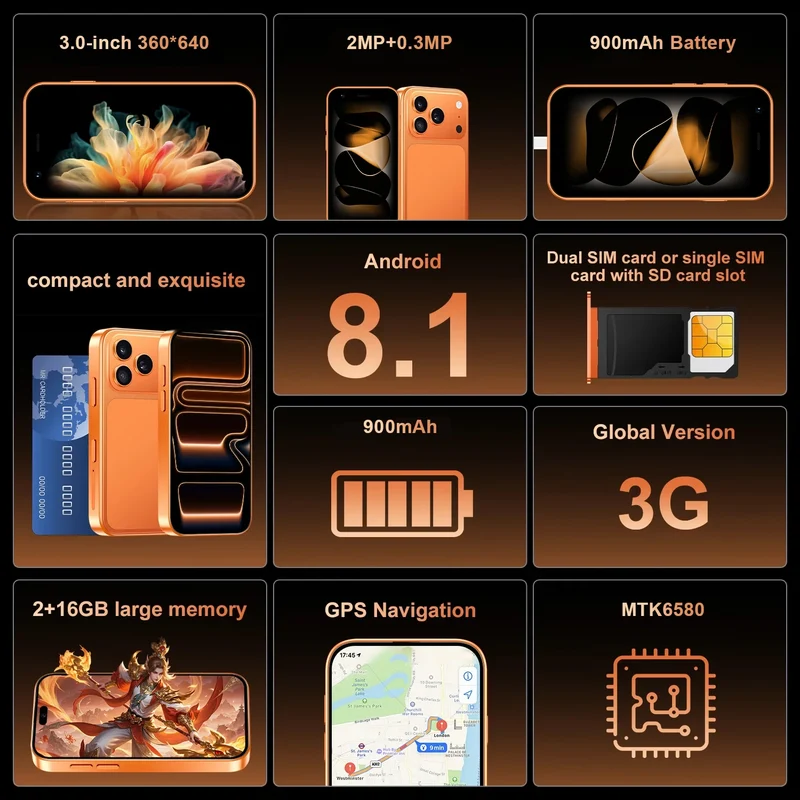 ONEMYTH A17 Mini 3G Phone 2GB/16GB, WhatsApp GPS WiFi, Face Unlock Small Smartphone for Children/Elderly, Lightweight & Portable