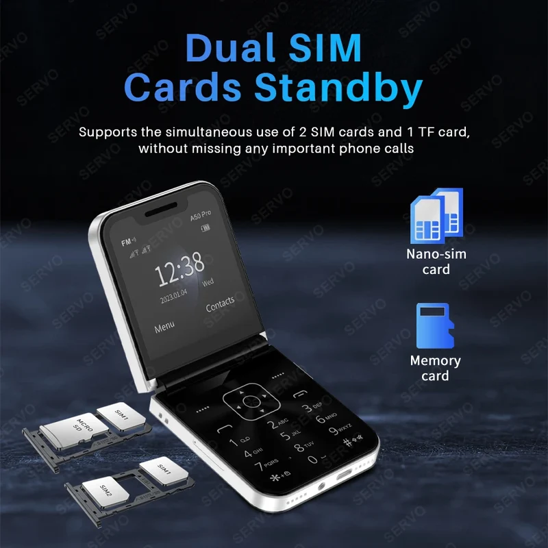 SERVO A50 PRO Flip Mobile Phone 2.4" Display Speed Dial Call Recording Blacklist 2 SIM Unlocked Foldable Cellphones New Version