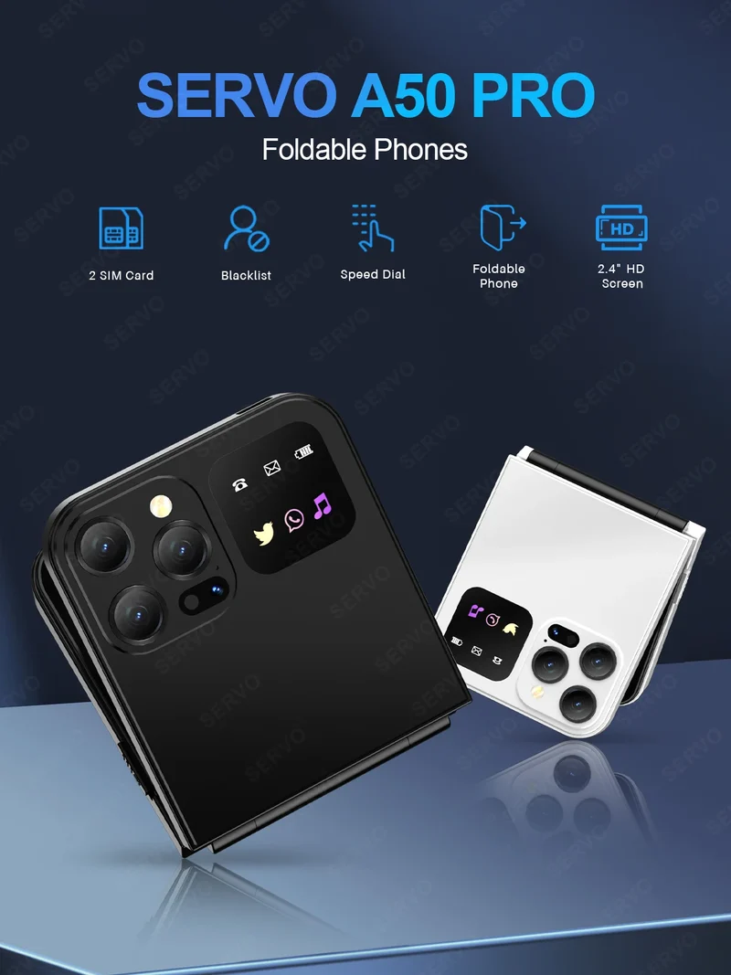 SERVO A50 PRO Flip Mobile Phone 2.4" Display Speed Dial Call Recording Blacklist 2 SIM Unlocked Foldable Cellphones New Version