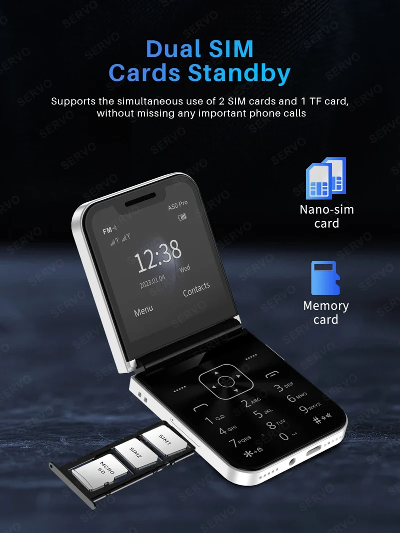 SERVO A50 PRO Flip Mobile Phone 2.4" Display Speed Dial Call Recording Blacklist 2 SIM Unlocked Foldable Cellphones New Version