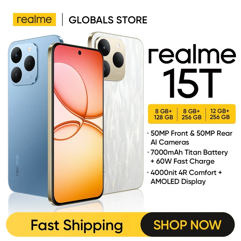 realme 15T 5G Smartphone NFC Dimensity 6400 Max Chipset Dual 50MP Cameras 6.57" 120Hz AMOLED Display 7000mAh Battery 60W Charge
