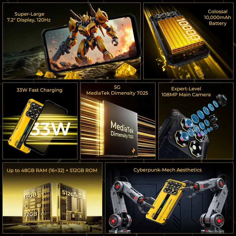 OUKITEL WP60 10000mAh Rugged Phone 7.2” HD+ Display 48GB(16+32) +512GB MTK 7025 Smartphone Android 15, 108MP Camera, NFC, 120Hz