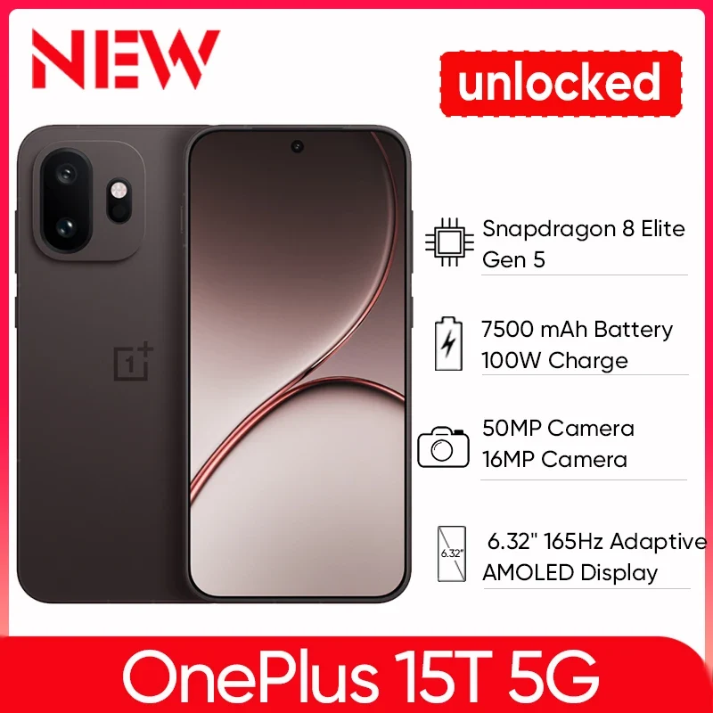 Unlocked OnePlus 15T 5G Smartphone Snapdragon 8 Elite Gen 5 6.32'' 165Hz High Refresh Rate Screen 7500mAh Battery 100W Wired NFC