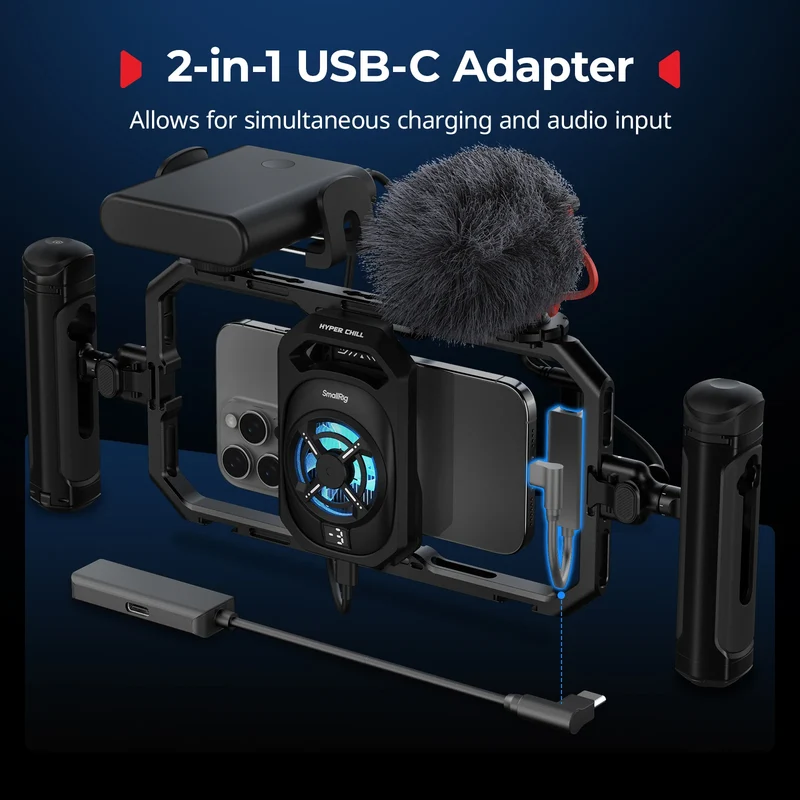 SmallRig Universal Cooling Mobile Phone Cage for iPhone 17 16/Android Smartphones w 2-in-1 USB-C Audio Adapter Power Bank Holder