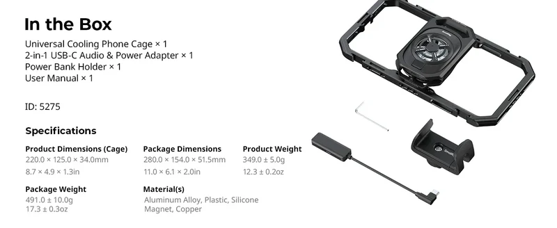 SmallRig Universal Cooling Mobile Phone Cage for iPhone 17 16/Android Smartphones w 2-in-1 USB-C Audio Adapter Power Bank Holder