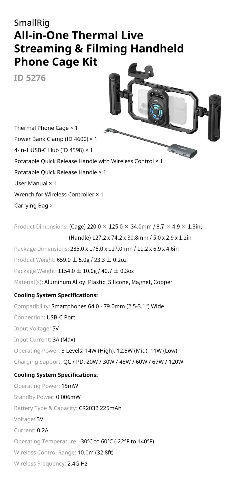 SmallRig Universal Cooling Mobile Phone Cage for iPhone 17 16/Android Smartphones w 2-in-1 USB-C Audio Adapter Power Bank Holder