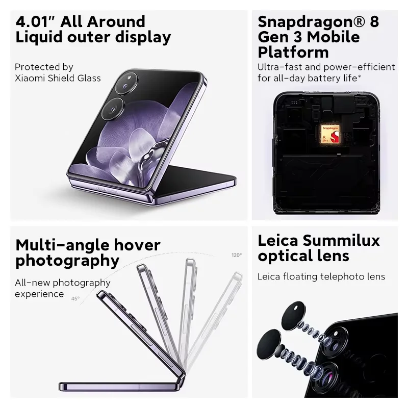 Global Version Xiaomi MIX Flip Leica 50MP Camera 4780mAh 67 W 12GB 512GB Snapdragon 8 Gen 3 Hyper Charger 6.86" 120Hz Display